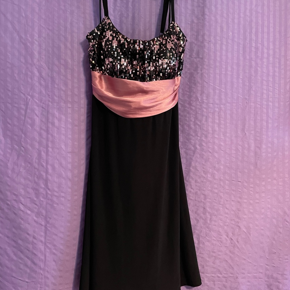 Cute black dress with pink sequins and pink bow from Dressbarn size 16.